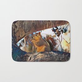Tree top scoundrel Bath Mat | Squirrel, Nature, Sunny, Woods, Wildlife, Painting, Scenic, Tree, Cute, Scenery 