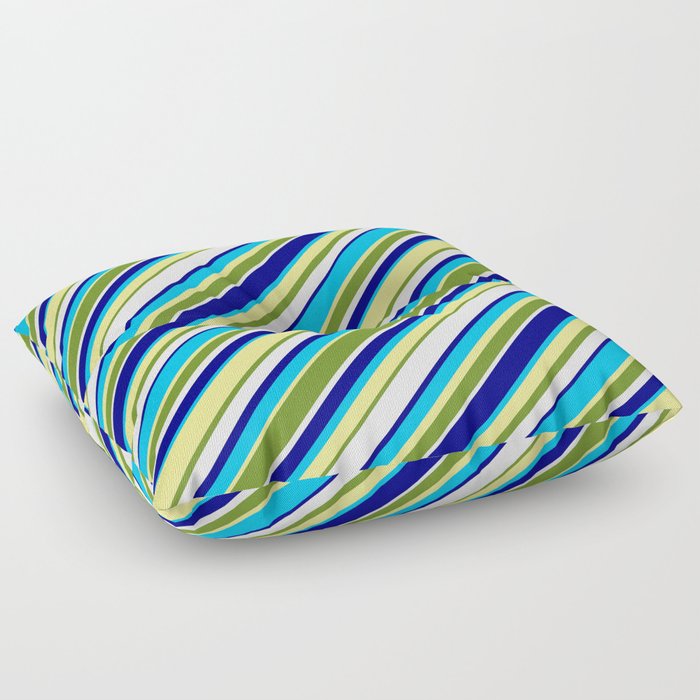 Colorful Blue, Deep Sky Blue, Tan, Green & White Colored Lined Pattern Floor Pillow