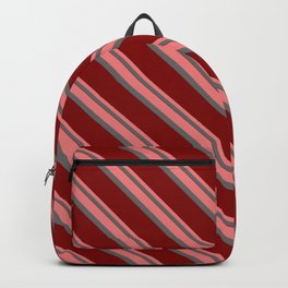[ Thumbnail: Light Coral, Dim Grey & Maroon Colored Pattern of Stripes Backpack ]