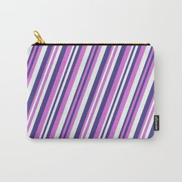 [ Thumbnail: Dark Slate Blue, Orchid, and Mint Cream Colored Pattern of Stripes Carry-All Pouch ]
