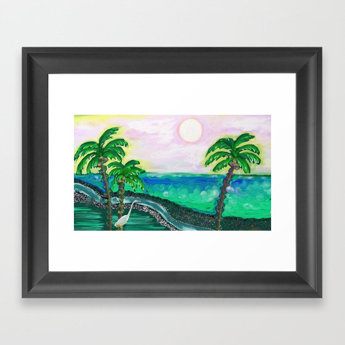 Tropical Ocean View with Egret Framed Art Print