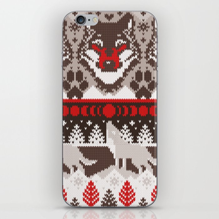 Fair isle knitting grey wolf // oak and taupe brown wolves red moons and pine trees iPhone Skin