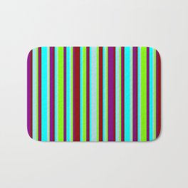 [ Thumbnail: Cyan, Powder Blue, Chartreuse, Purple & Dark Red Colored Lines/Stripes Pattern Bath Mat ]