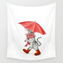 Tabby Cat with a red umbrella Wall Tapestry