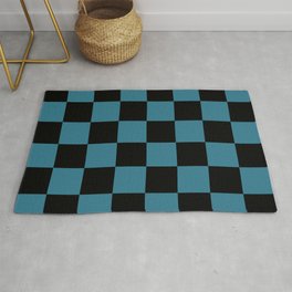 Petrol Blue and Black Checkered Chess Pattern  Rug