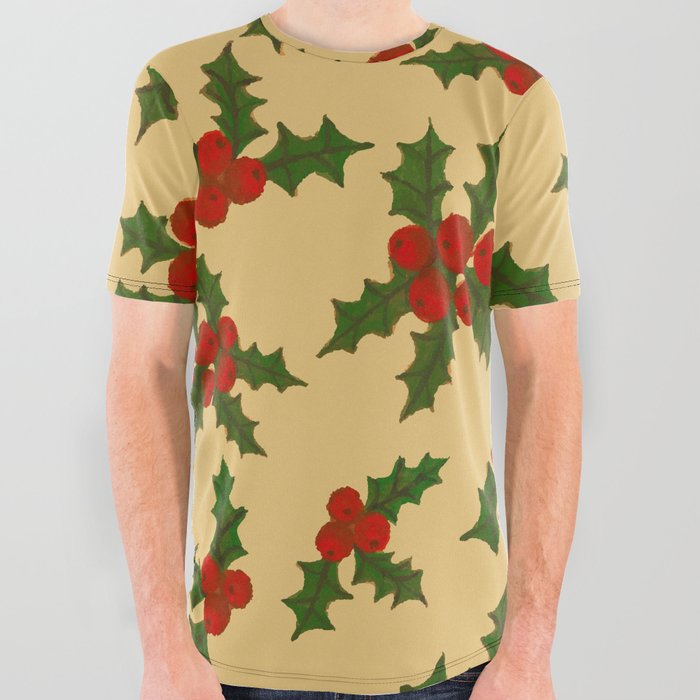 Christmas Pattern Mistletoe Holly Retro Drawing All Over Graphic Tee