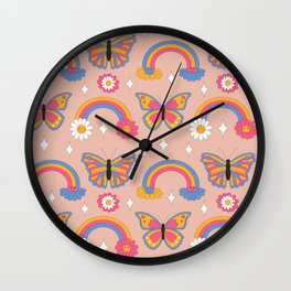 Retro daisies with butterflies, rainbow, daisies and sparkles.  Seamless pattern. Wall Clock