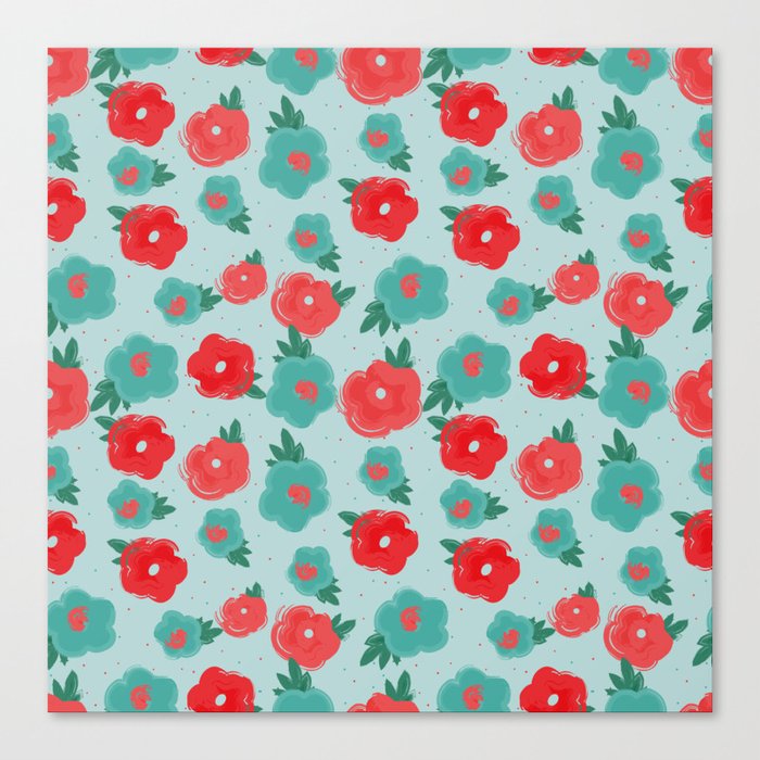 Pop flower pattern, red blue flower pop, blue background Canvas Print