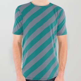 [ Thumbnail: Teal and Slate Gray Colored Striped Pattern All Over Graphic Tee ]