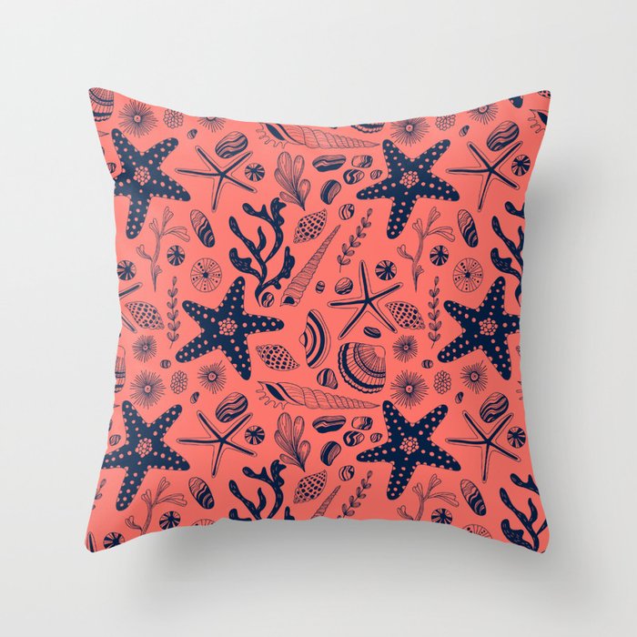 Sea shells on living coral background Throw Pillow