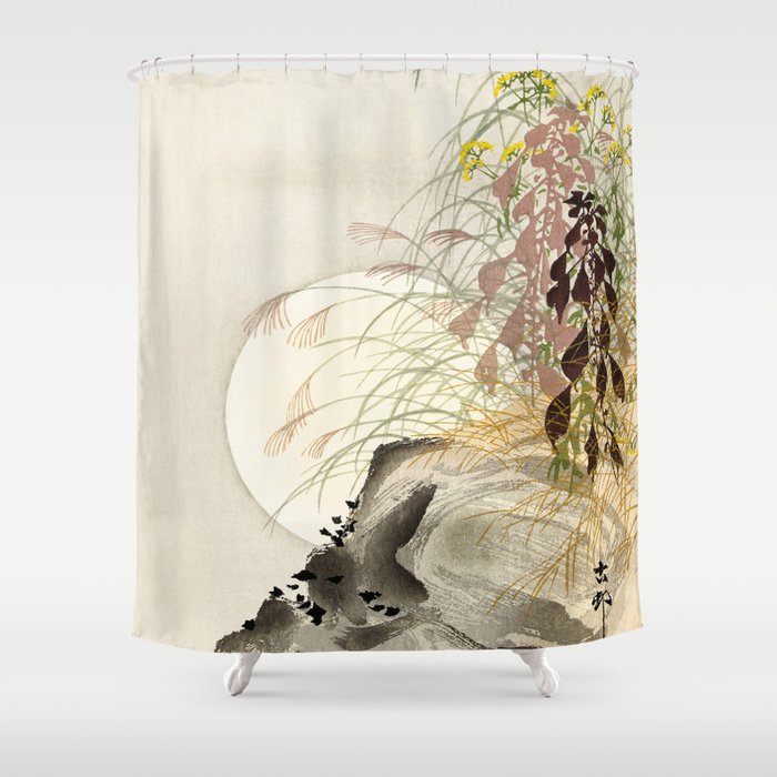 Full Moon Behind Grass - Japanese Vintage Woodblock Print Shower Curtain