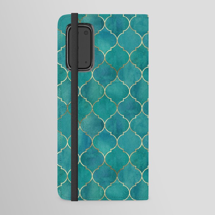 Turquoise Teal Golden Moroccan Quatrefoil Pattern Android Wallet Case