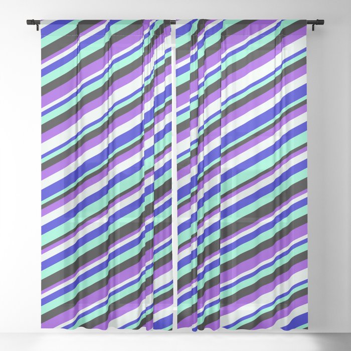 Vibrant Blue, Aquamarine, Black, Purple, and Mint Cream Colored Lined Pattern Sheer Curtain