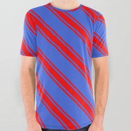 [ Thumbnail: Royal Blue and Red Colored Lined/Striped Pattern All Over Graphic Tee ]
