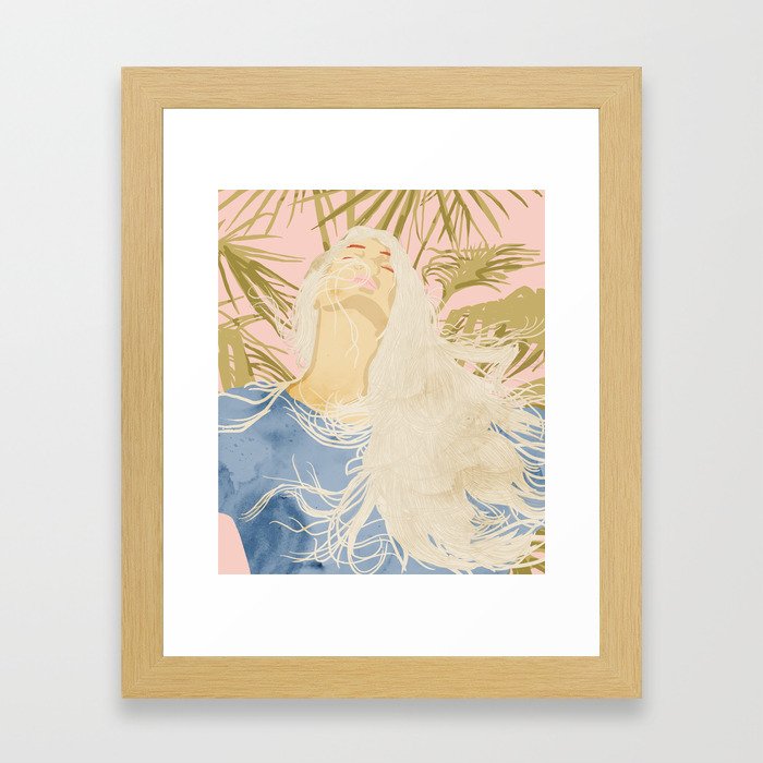 Blissful, Chic Tropical Palm, Jungle Blonde Woman Fashion Freedom Feminism Pastel Painting Framed Art Print