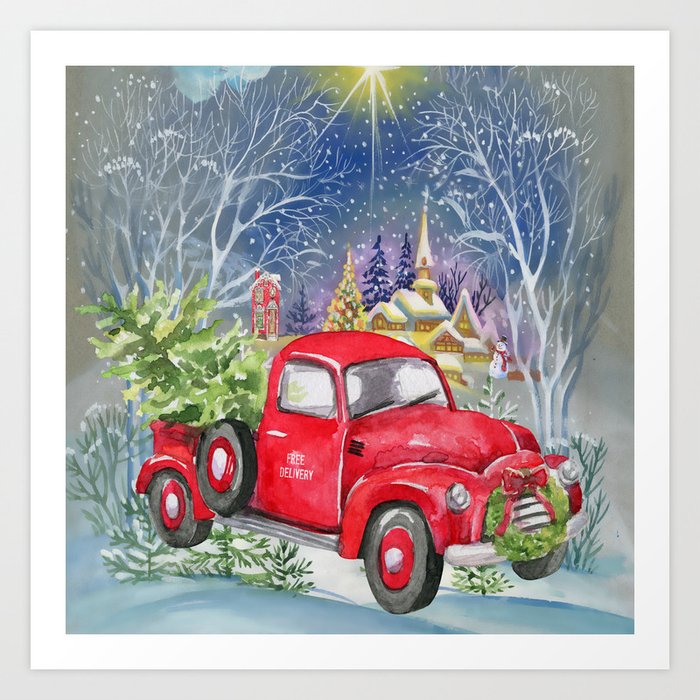 Red Truck With Christmas Tree Art Print By Folknfunky Society6
