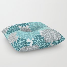 Dahlia Floral Blooms in Teal and Gray Floor Pillow