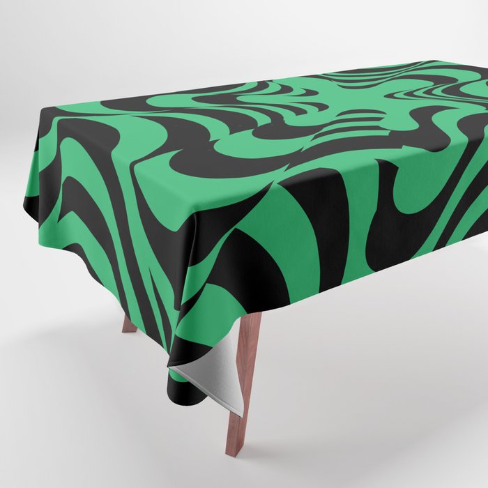 Abstract Groovy Retro Liquid Swirl in Black Green Tablecloth