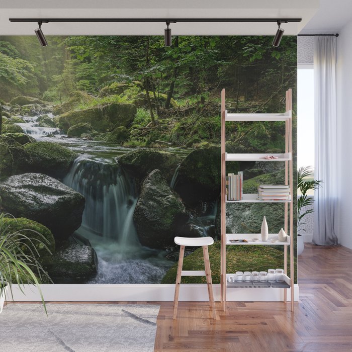 Flowing Creek, Green Mossy Rocks, Forest Nature Photography Wall Mural
