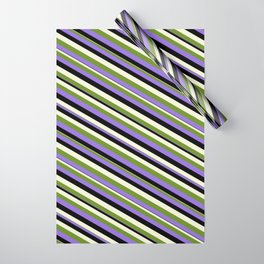 [ Thumbnail: Green, Purple, Black & Beige Colored Lined Pattern Wrapping Paper ]