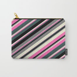 [ Thumbnail: Grey, Beige, Hot Pink, Dark Slate Gray, and Black Colored Lines/Stripes Pattern Carry-All Pouch ]