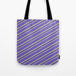 [ Thumbnail: Slate Blue and Yellow Colored Striped Pattern Tote Bag ]