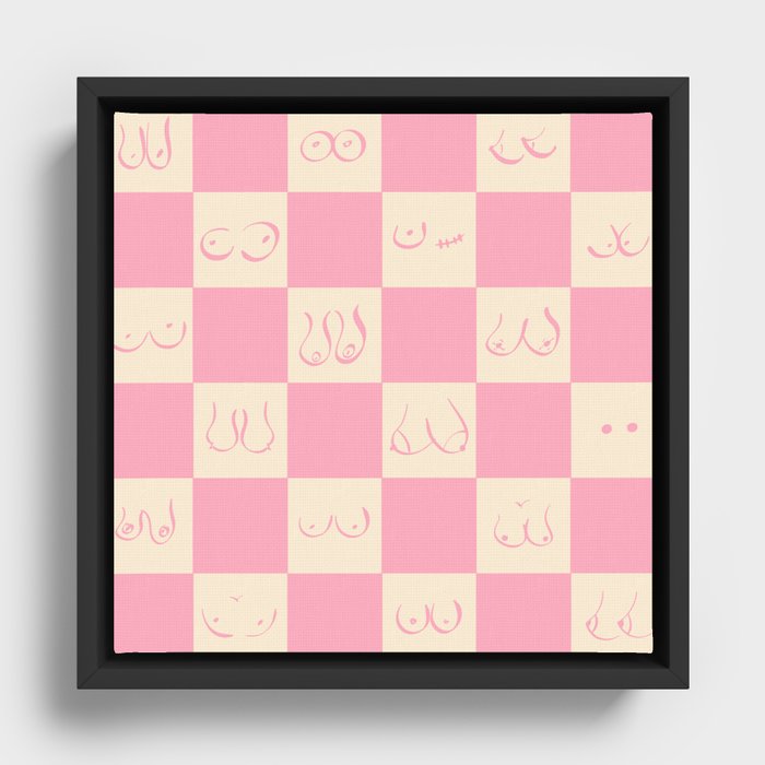 Retro Pink Gingham Boobs Drawing Framed Canvas