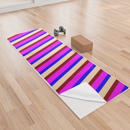 [ Thumbnail: Blue, Fuchsia, Maroon, and Tan Colored Lined Pattern Yoga Towel ]