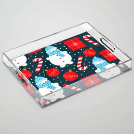 Christmas Seamless Pattern, Cute Snowman, Candy Cane, Christmas Ball and Red Gift on a Snow Background Acrylic Tray