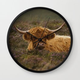 Highland Cow Resting Among The Heather Wall Clock