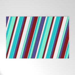 [ Thumbnail: Dark Turquoise, Aquamarine, Dark Slate Blue, Maroon, and White Colored Pattern of Stripes Welcome Mat ]