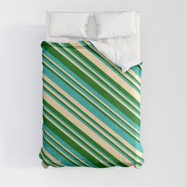[ Thumbnail: Light Sea Green, Beige, and Dark Green Colored Lined Pattern Comforter ]