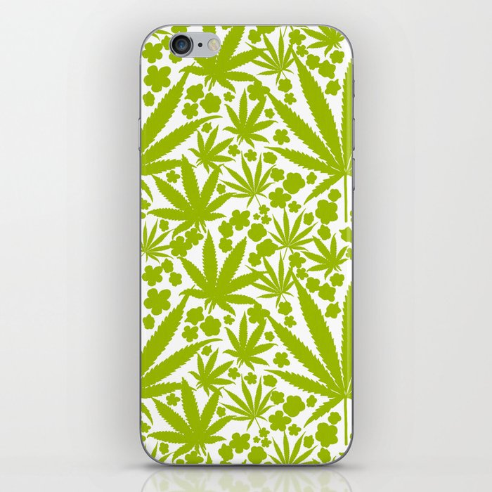 Modern Cannabis Leaves And Flowers Mossy Green On White Cottagecore Botanical Pattern iPhone Skin