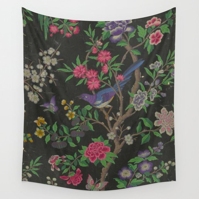 18th Century Chinoiserie Dark Enchanted Magpie Peony Garden Wall Tapestry