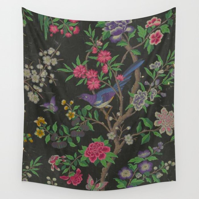 18th Century Chinoiserie Dark Enchanted Magpie Peony Garden  Wall Tapestry