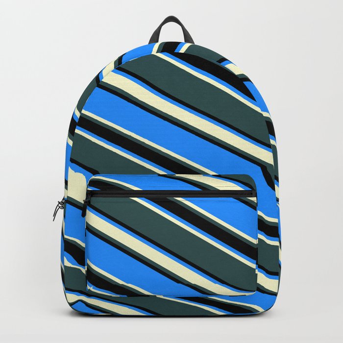 Blue, Light Yellow, Dark Slate Gray & Black Colored Striped/Lined Pattern Backpack