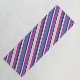 [ Thumbnail: Tan, Fuchsia, Blue, and Dark Slate Gray Colored Stripes Pattern Yoga Mat ]