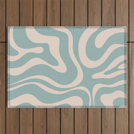 Modern Liquid Swirl Abstract Pattern in Light Celadon Blue and Buff Outdoor Rug