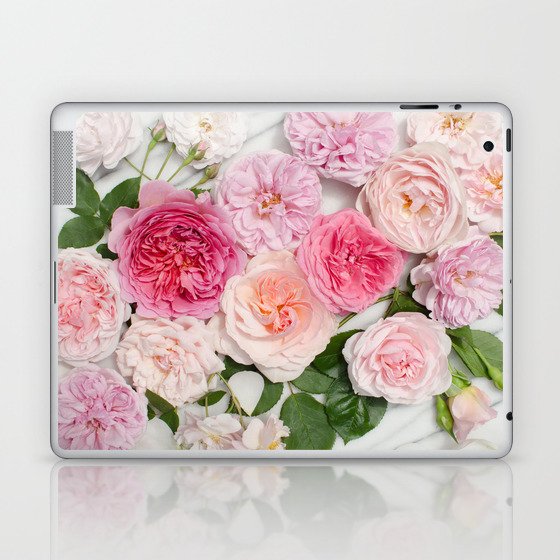 Pink Flowers, Marble Background Laptop & iPad Skin