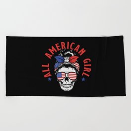 All American Girl Skull Independence Day Beach Towel