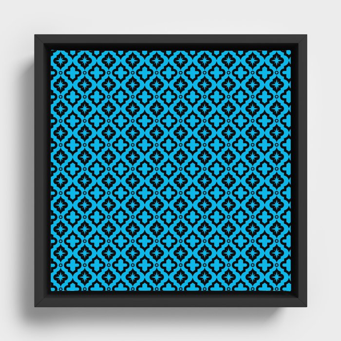 Turquoise and Black Ornamental Arabic Pattern Framed Canvas