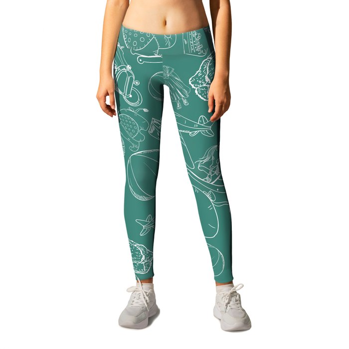 Green Blue and White Toys Outline Pattern Leggings