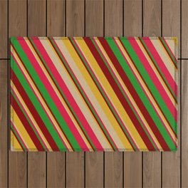 [ Thumbnail: Colorful Goldenrod, Tan, Crimson, Forest Green & Maroon Colored Striped/Lined Pattern Outdoor Rug ]