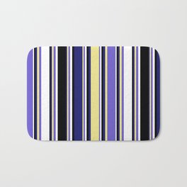 [ Thumbnail: Colorful Midnight Blue, Tan, Slate Blue, White, and Black Colored Lined/Striped Pattern Bath Mat ]