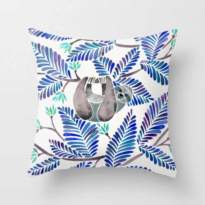 Happy Sloth – Tropical Blue Leaves Throw Pillow