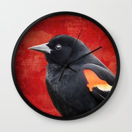 Red-winged Blackbird Bird Painting, Red and Black Wall Clock