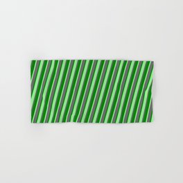 [ Thumbnail: Green, Light Green & Dim Gray Colored Stripes/Lines Pattern Hand & Bath Towel ]