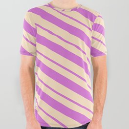 [ Thumbnail: Orchid & Bisque Colored Lines Pattern All Over Graphic Tee ]