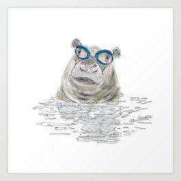Hippo with swimming goggles Art Print