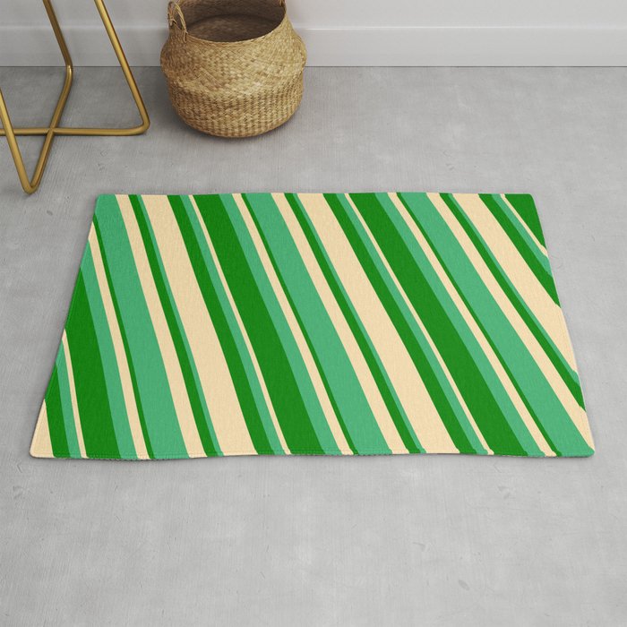 Sea Green, Green & Beige Colored Striped/Lined Pattern Rug